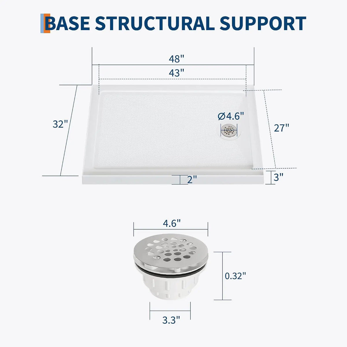 48" x 32" Acrylic Shower Base Pan Left Right Drain Shower Tray White Non Slip Low Profile Shower Floor Waterproof Flange ABS Drain Assembly Included