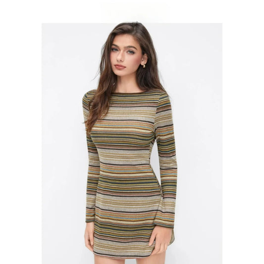Womens Striped V Neck Bell Sleeve Knit Mini Dress Fashion
