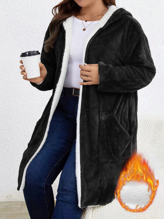 Womens Fuzzy Fleece Lined Hooded Open Cardigan Winter Coat
