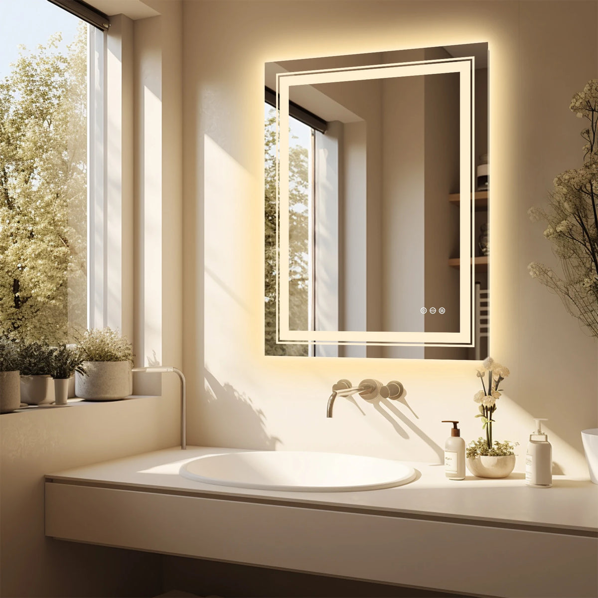 Multi Sized Jumbo Large Illuminated LED Bathroom Mirror with Front+Backlit Lights Wall Mounted Anti-fog Vanity Mirror for Making Shaving