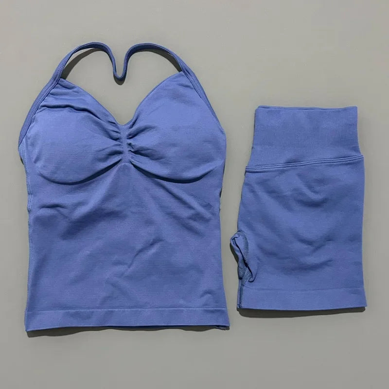 Seamless Backless Halter Yoga Tank Top And Shorts Set