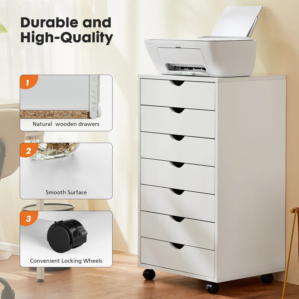 JHK Seven Drawer Wooden Dresser Storage Cabinet With Rolling Wheels