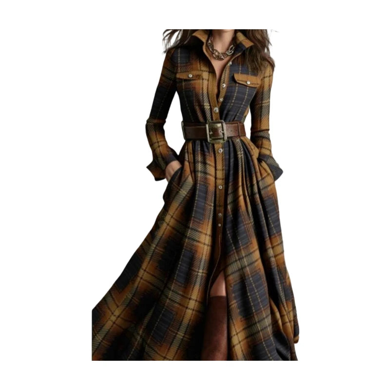 Plaid Maxi Shirt Dress With Collar Pockets And Self Tie