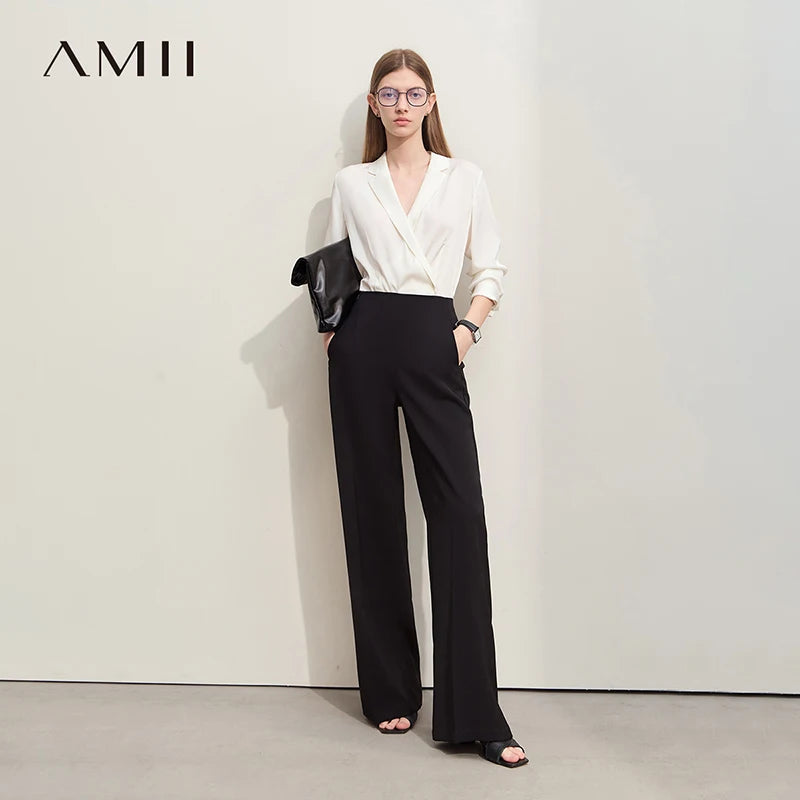 AMII Women's Wide Leg Casual Twill Trousers With Pockets