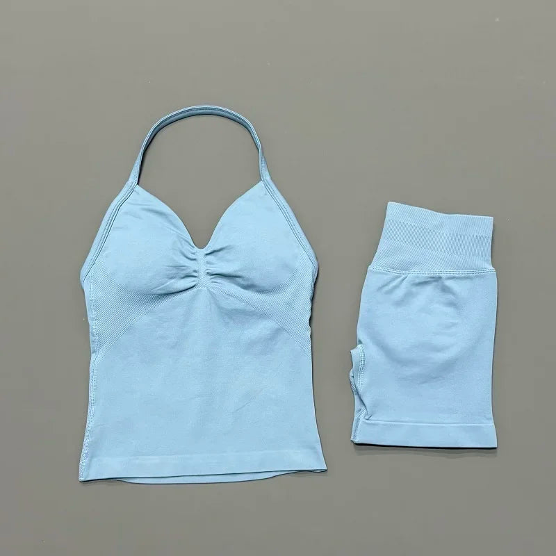 Seamless Backless Halter Yoga Tank Top And Shorts Set