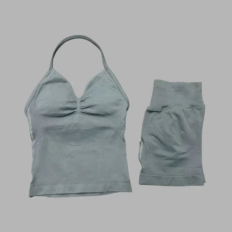 Seamless Backless Halter Yoga Tank Top And Shorts Set