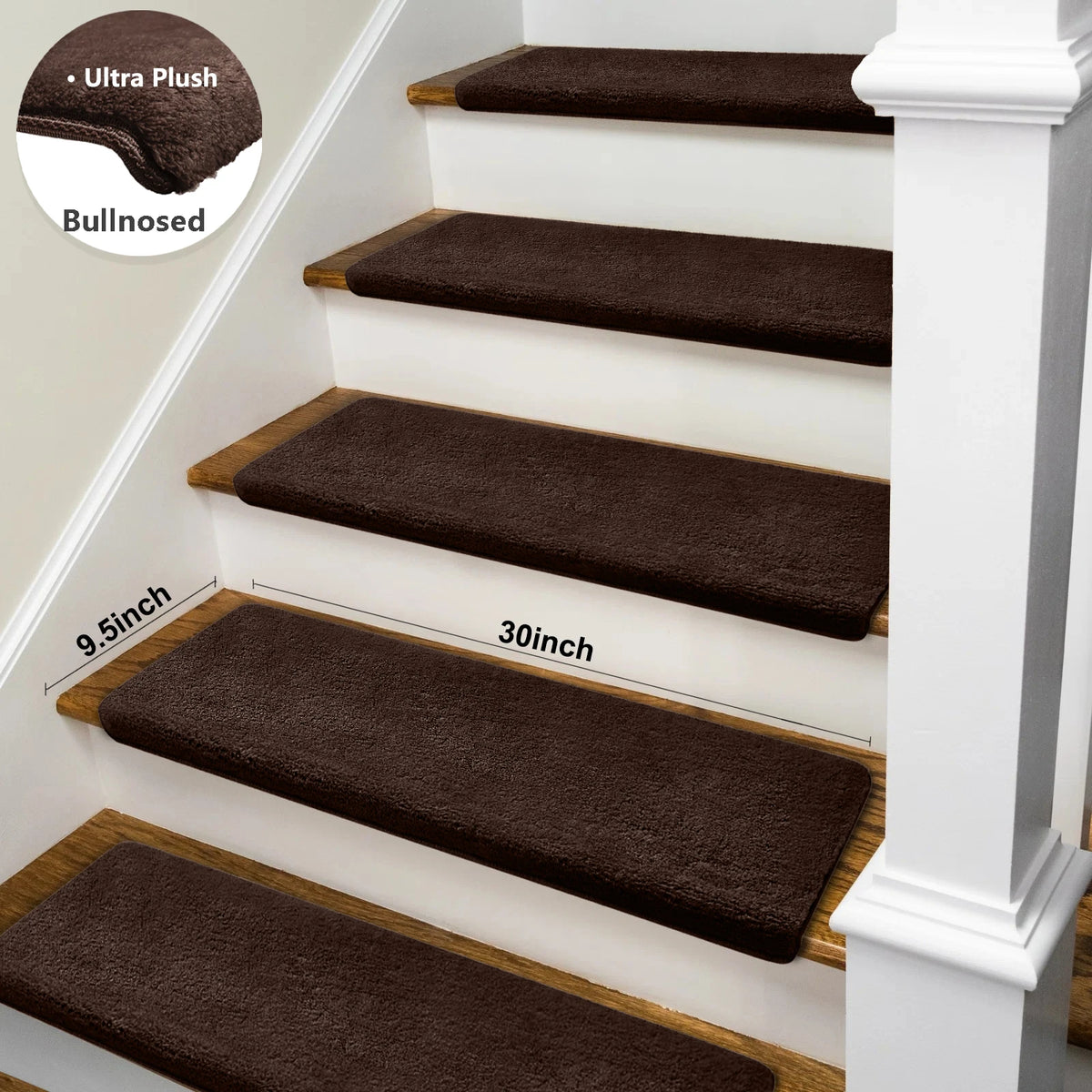 Bullnose Non-Slip Stair Treads -Ultra Plush- Washable Self-Adhesive Carpet Mats, Safety for Elderly & Pets, Peel & Stick Decor