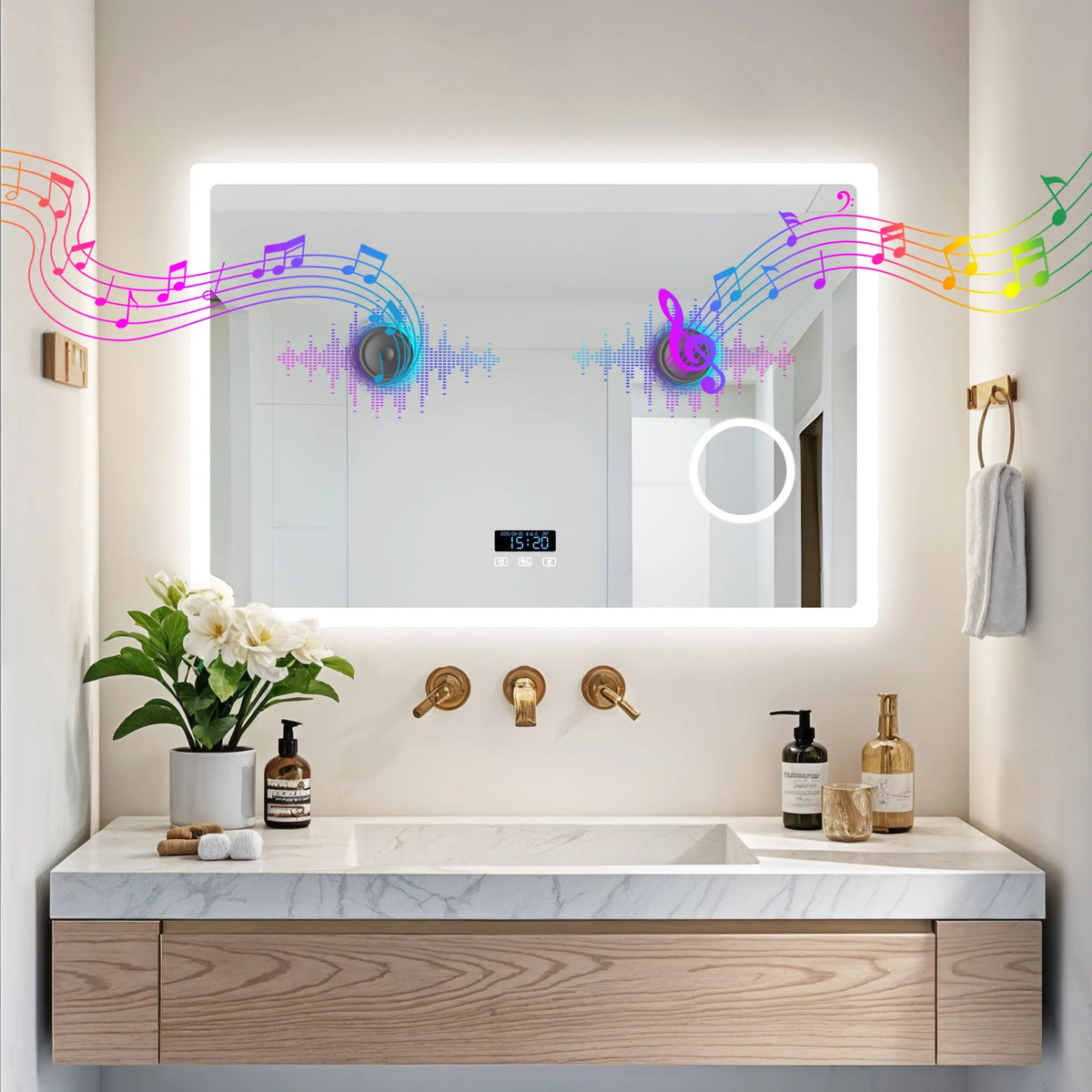 LED Bluetooth Bathroom Mirror 3x Magnifying Vanity Mirror w Anti-fog, 3 Color Memory Light, Rectangular 1200mm, 1000mm, 800mm