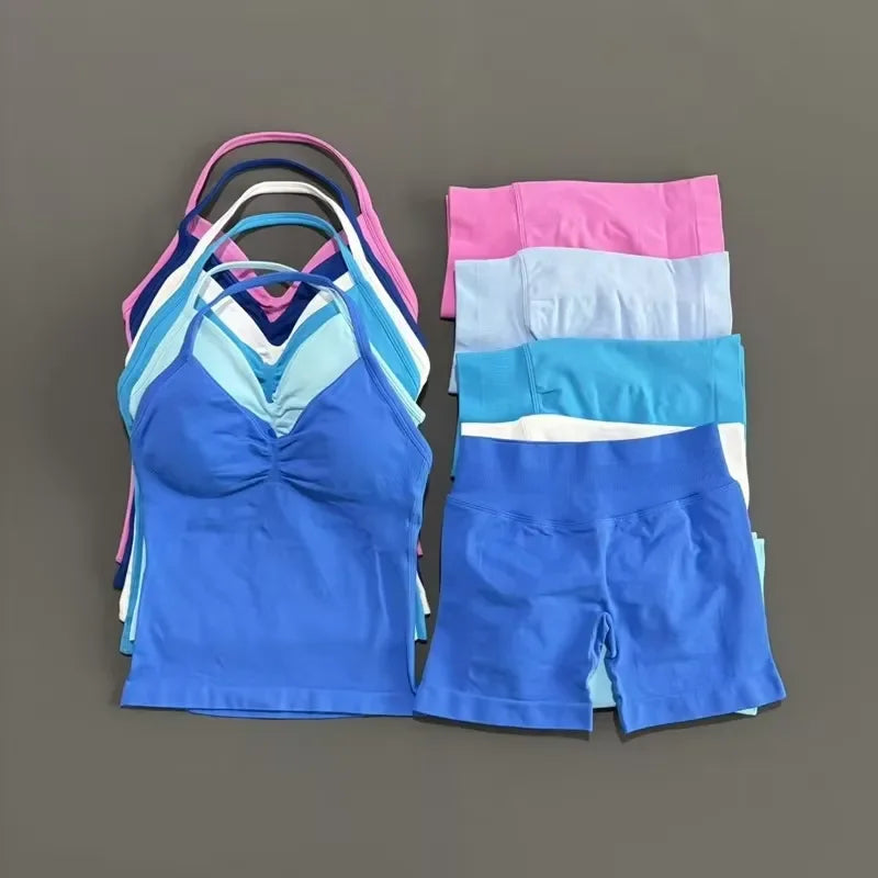 Seamless Backless Halter Yoga Tank Top And Shorts Set