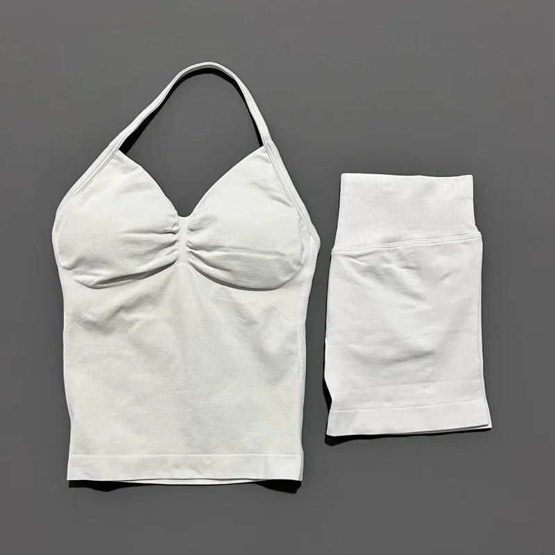 Seamless Backless Halter Yoga Tank Top And Shorts Set