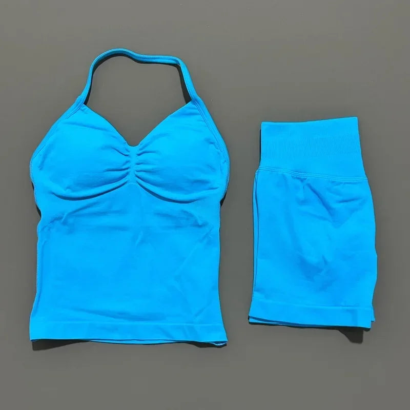 Seamless Backless Halter Yoga Tank Top And Shorts Set