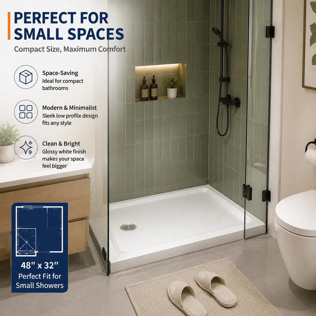 48" x 32" Acrylic Shower Base Pan Left Right Drain Shower Tray White Non Slip Low Profile Shower Floor Waterproof Flange ABS Drain Assembly Included