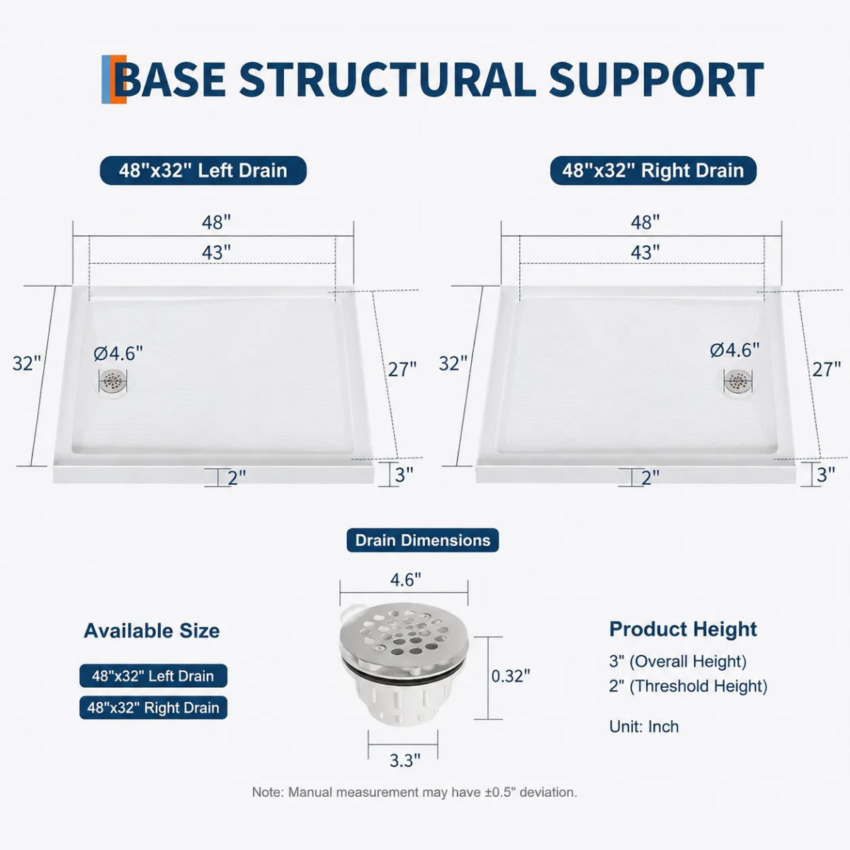 48" x 32" Acrylic Shower Base Pan Left Right Drain Shower Tray White Non Slip Low Profile Shower Floor Waterproof Flange ABS Drain Assembly Included