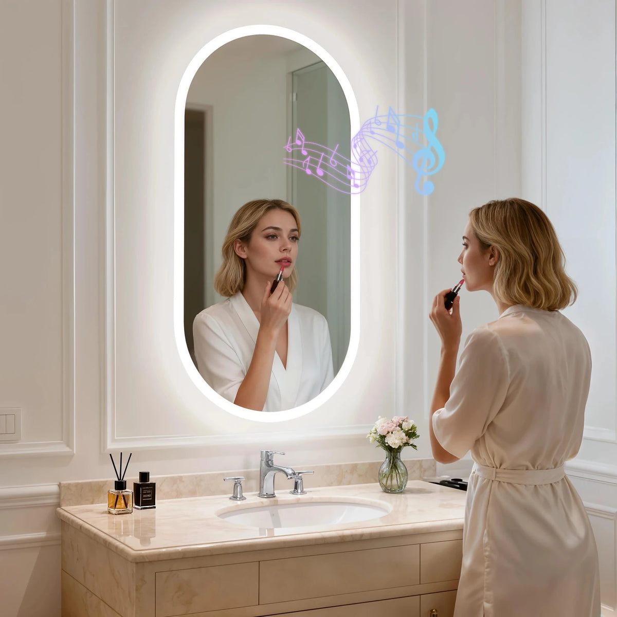 LED Bathroom Mirror 40"/48'' Oval Wall Vanity Mirror with Bluetooth Speakers, Anti-Fog, 3 Color , Dimming, Memory Function