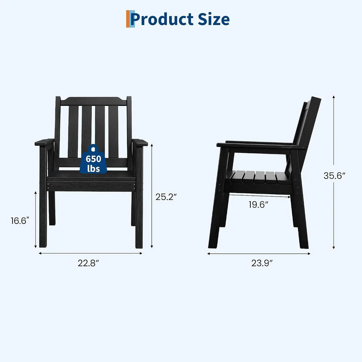 Garvee 2PCS Patio Dining Chairs 650 lbs Capacity Heavy-Duty Frame Slatted Seat Garden Balcony Chair Waterproof for Deck Porch, Poolside