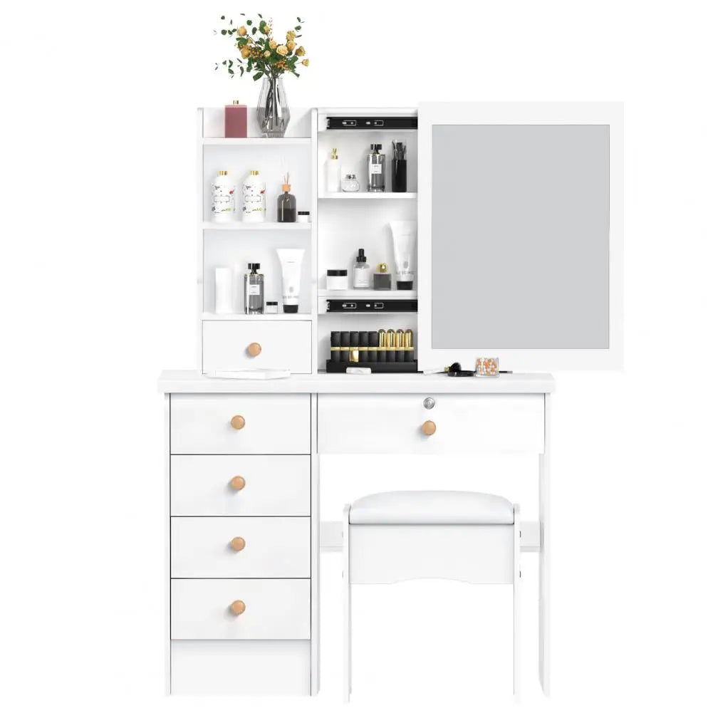 Makeup Vanities Vanity Desk with Sliding Mirror, Bedroom Dressing Table, Makeup Desk with 6 Drawers Bedroom Furniture