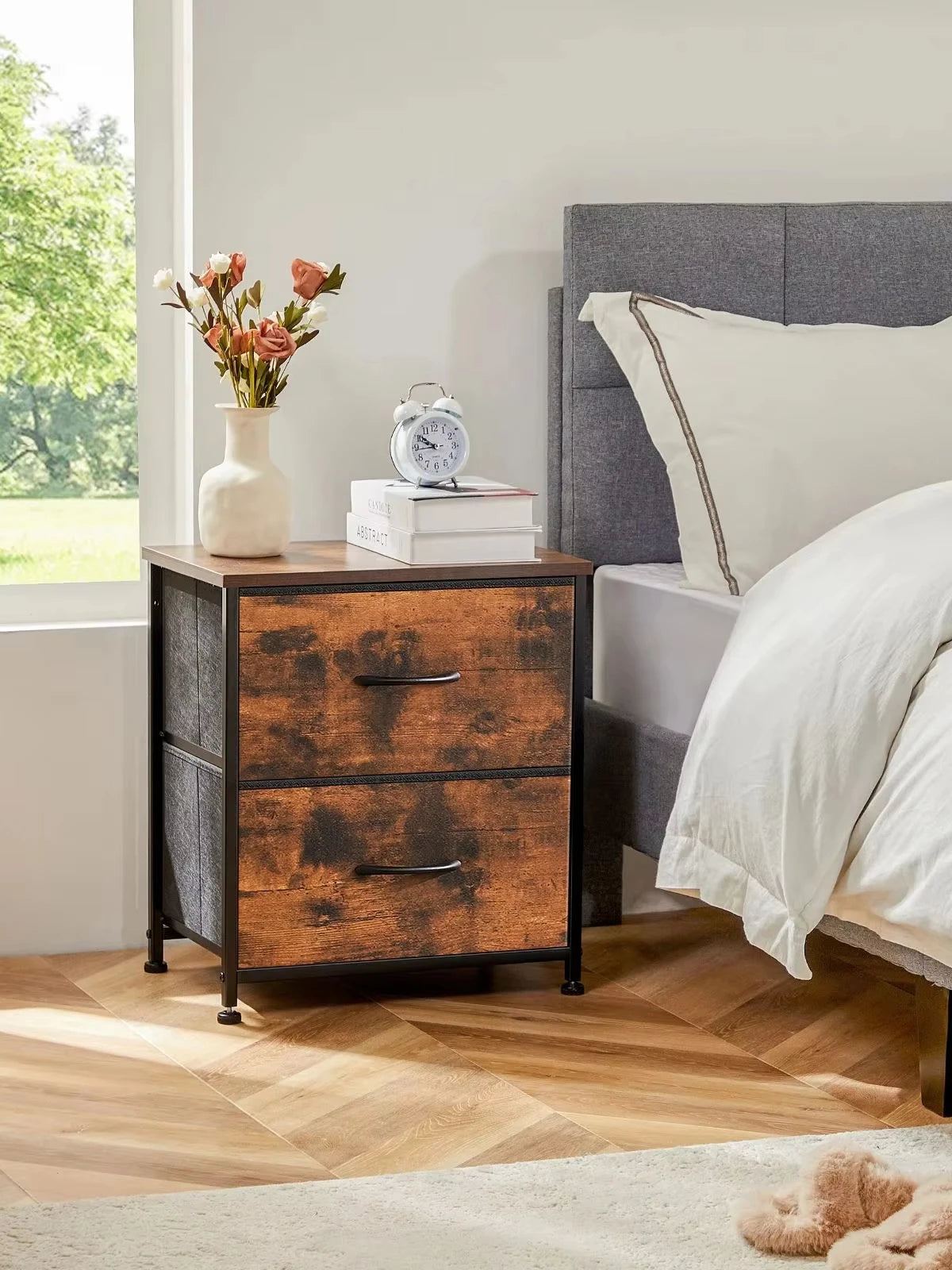 JHK Modern Nightstand With Two Fabric Drawers Storage Cabinet