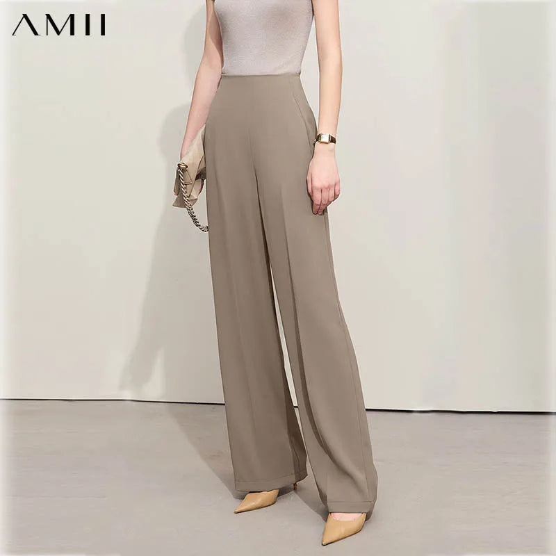 AMII Women's Wide Leg Casual Twill Trousers With Pockets