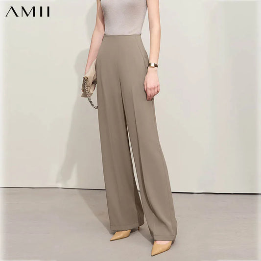 AMII Women's Wide Leg Casual Twill Trousers With Pockets