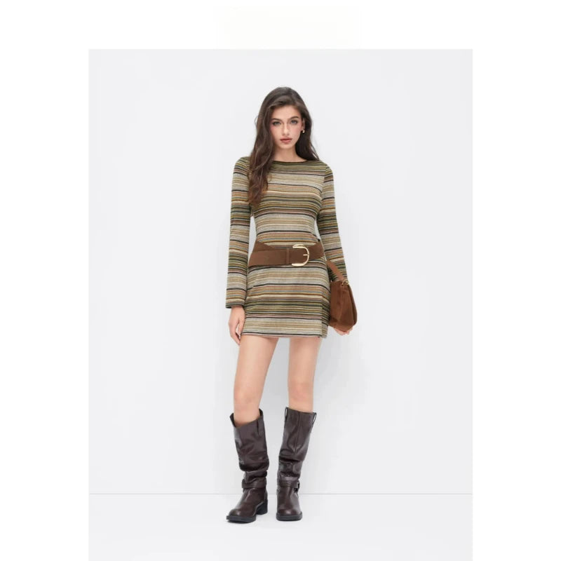Womens Striped V Neck Bell Sleeve Knit Mini Dress Fashion
