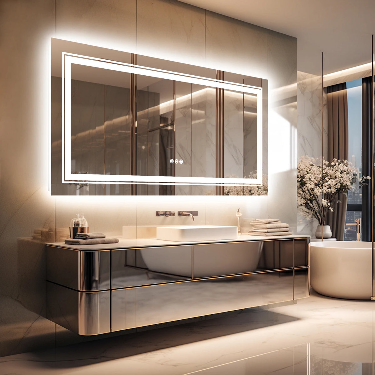 Multi Sized Jumbo Large Illuminated LED Bathroom Mirror with Front+Backlit Lights Wall Mounted Anti-fog Vanity Mirror for Making Shaving