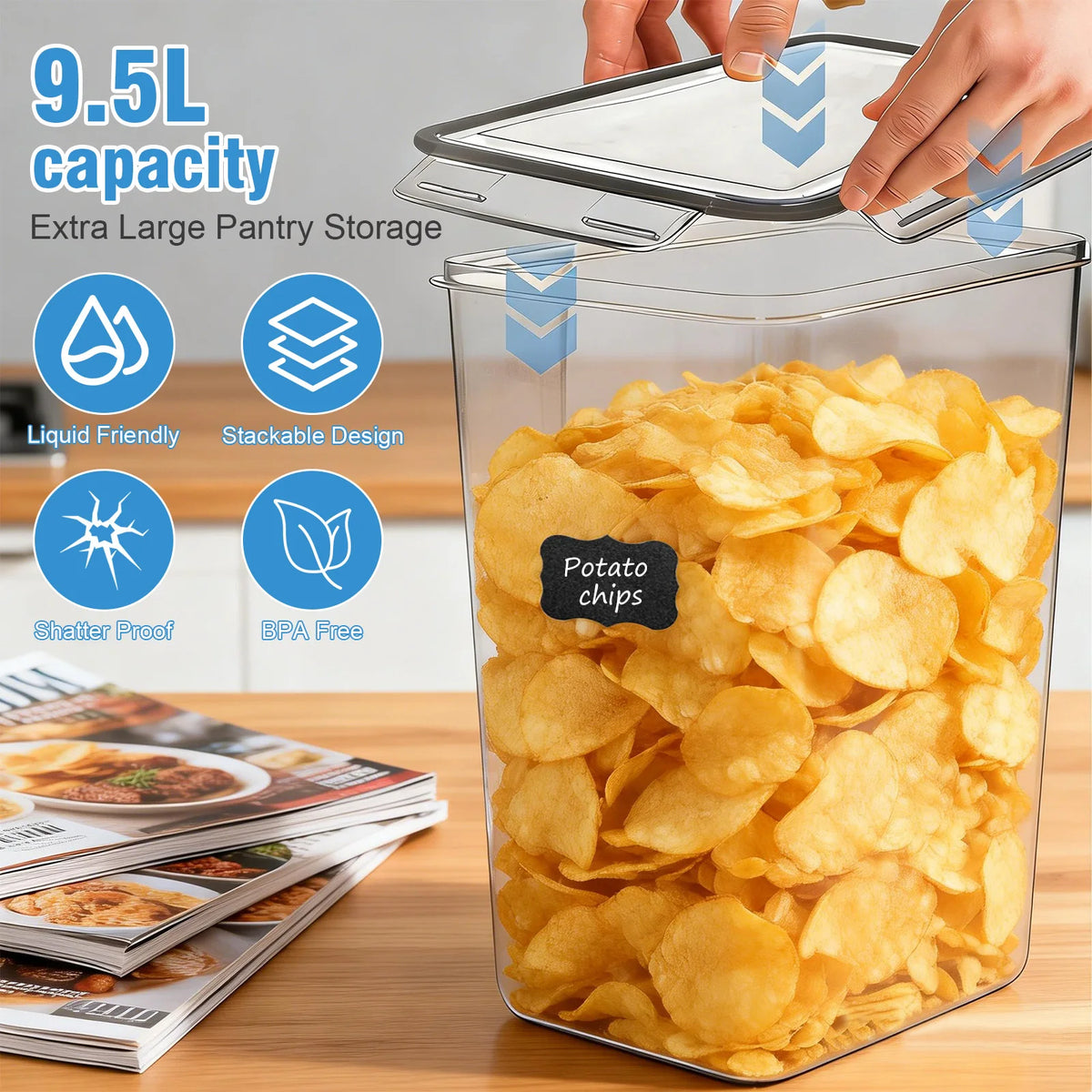 4Pcs Sealed Food Storage Containers with Lids 9.5L/321 oz Airtight Food Dry Cargo Jars Transparent Plastic Organizer for Storing Grains Flour Sugar Rice Pasta Snacks Baking Supplies Coffee Dried Fruits