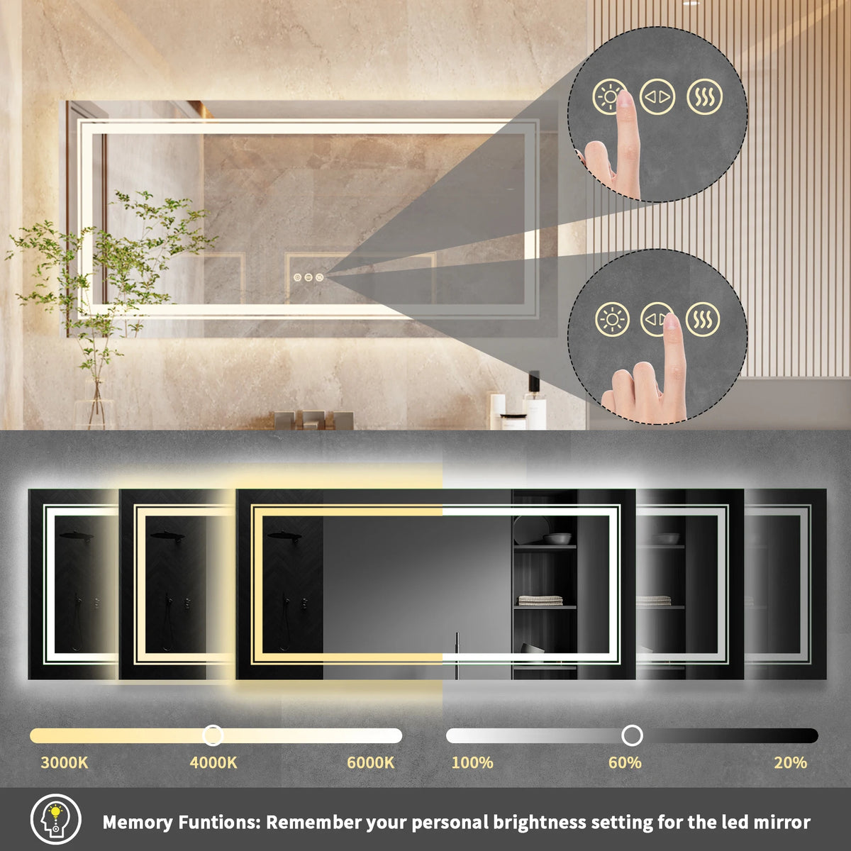 Multi Sized Jumbo Large Illuminated LED Bathroom Mirror with Front+Backlit Lights Wall Mounted Anti-fog Vanity Mirror for Making Shaving