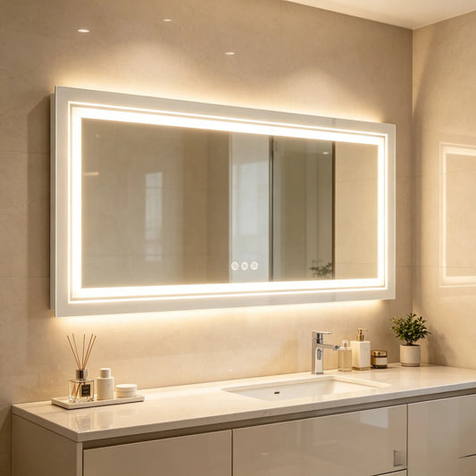 Multi Sized Jumbo Large Illuminated LED Bathroom Mirror with Front+Backlit Lights Wall Mounted Anti-fog Vanity Mirror for Making Shaving