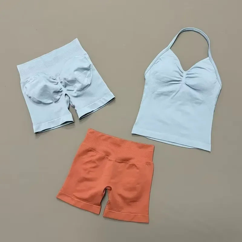 Seamless Backless Halter Yoga Tank Top And Shorts Set