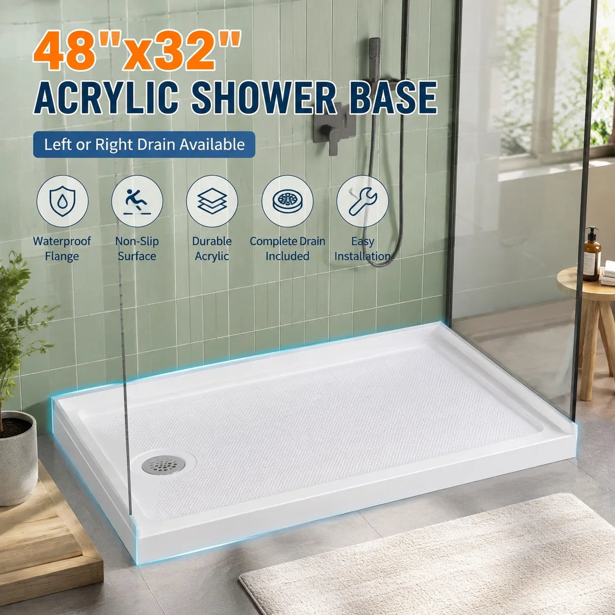 48" x 32" Acrylic Shower Base Pan Left Right Drain Shower Tray White Non Slip Low Profile Shower Floor Waterproof Flange ABS Drain Assembly Included