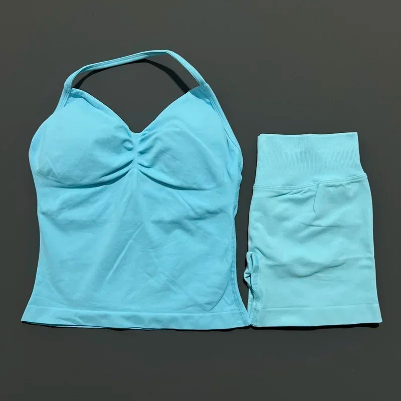 Seamless Backless Halter Yoga Tank Top And Shorts Set