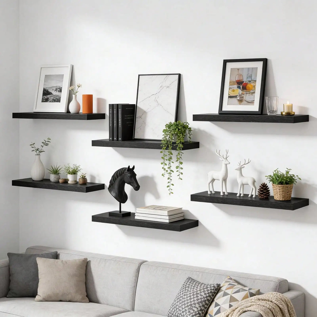 6-Pack 15.8 Inch Wood Floating Shelves, Farmhouse Wall Mounted Display Shelf Set, Rustic Storage Rack for Bathroom, Bedroom, Kitchen, Living Room Decor