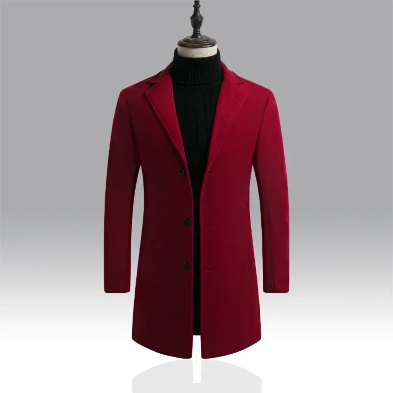 2025 New Men's Trench Coat Wool Blend Overcoat Autumn Winter Fashion Slim Fit Long Coat Business Casual Outerwear Windbreaker