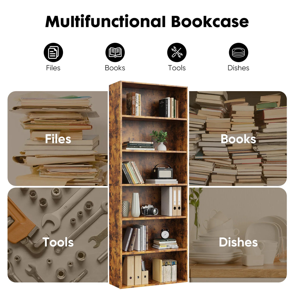 JHK Modern Wooden Bookcase for Living Room and Home Office