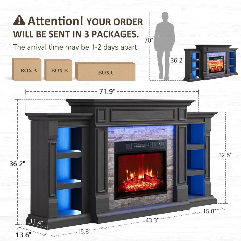 72" Electric Fireplace with Mantel, LED Light Fireplace TV Stand Entertainment Center for TVs up to 80",3D Realistic, Customized