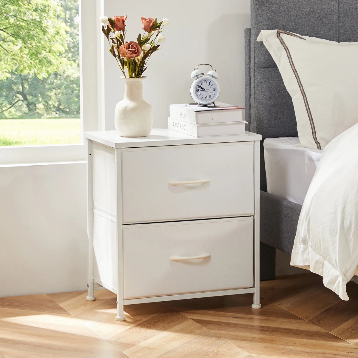 JHK Modern Nightstand With Two Fabric Drawers Storage Cabinet