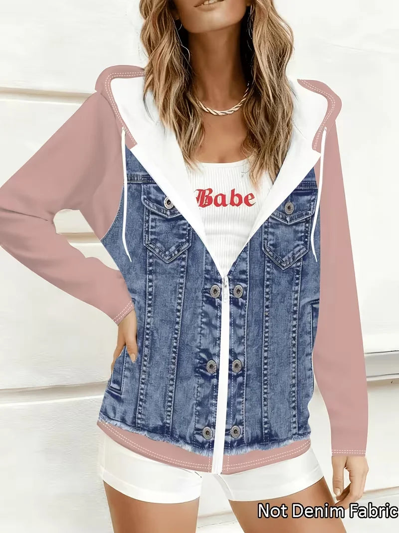 Women's Hooded Printed Faux Denim Jacket With Patchwork Sleeves