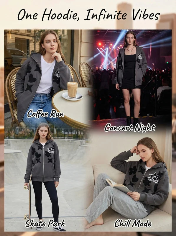 Women's Retro Embroidered Zip Up Hooded Jacket Casual Harajuku