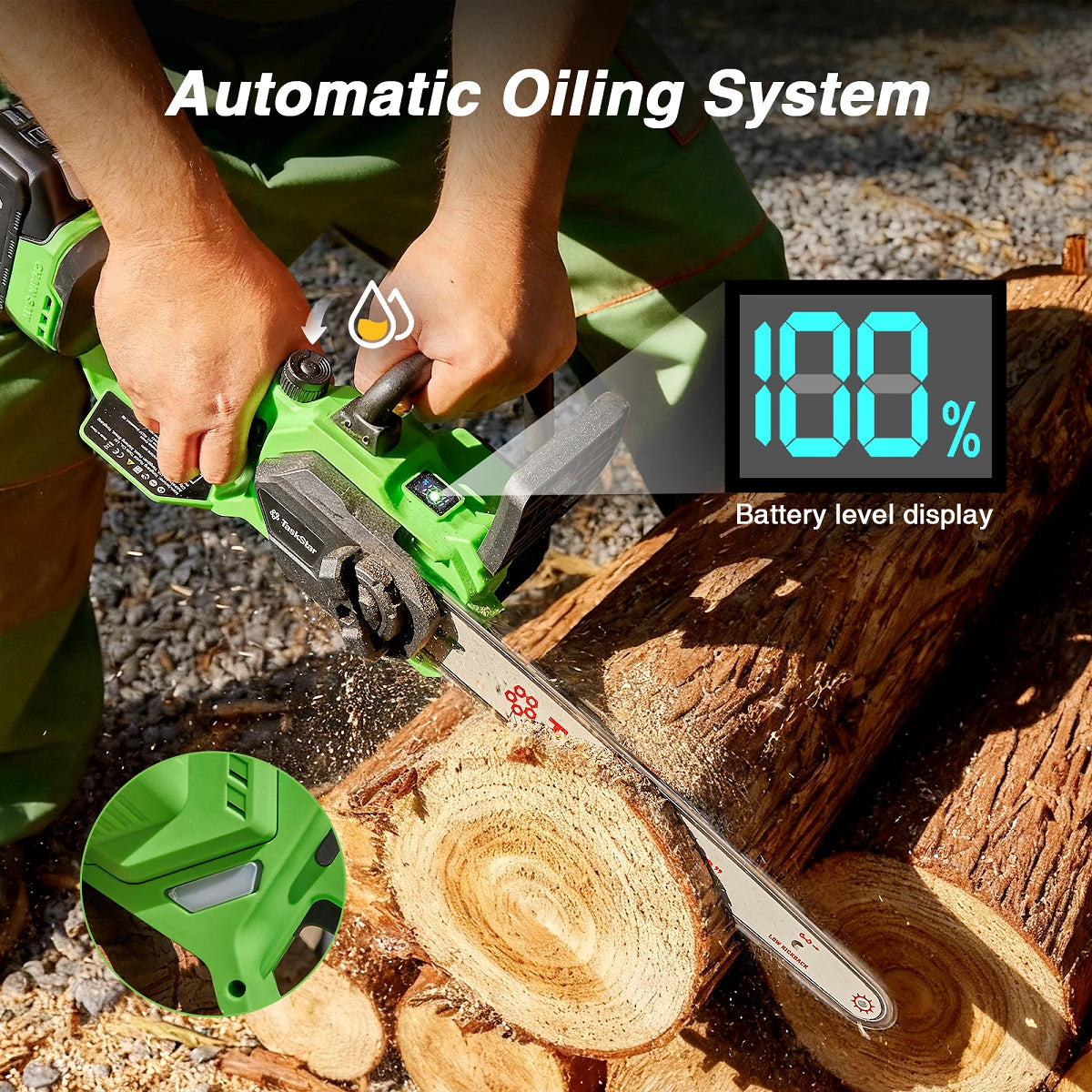 TaskStar Brushless Cordless Chainsaw With Auto Oiler And Safety Lock
