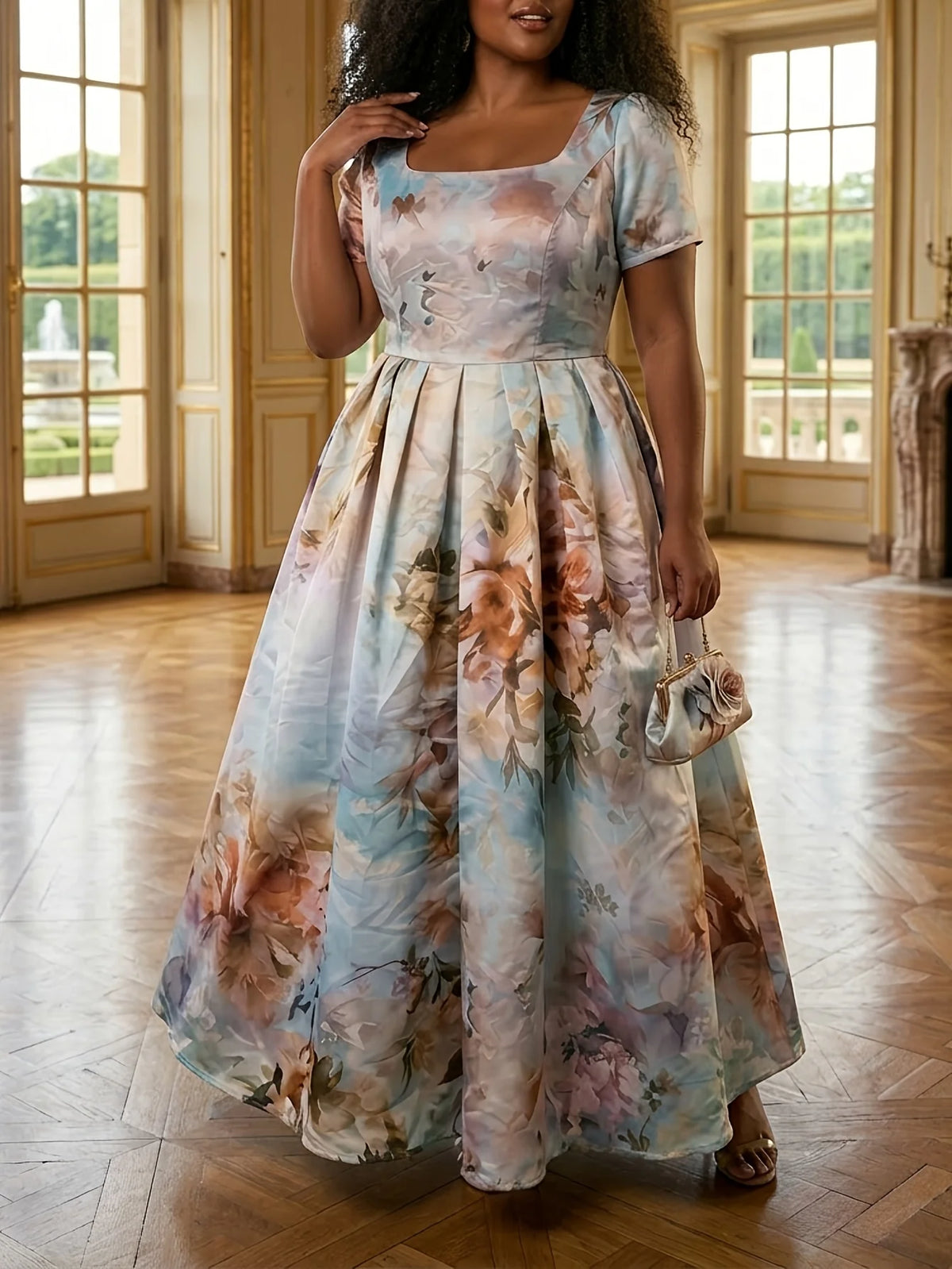 Women's Square Neck Printed Pleated Swing Casual Dress