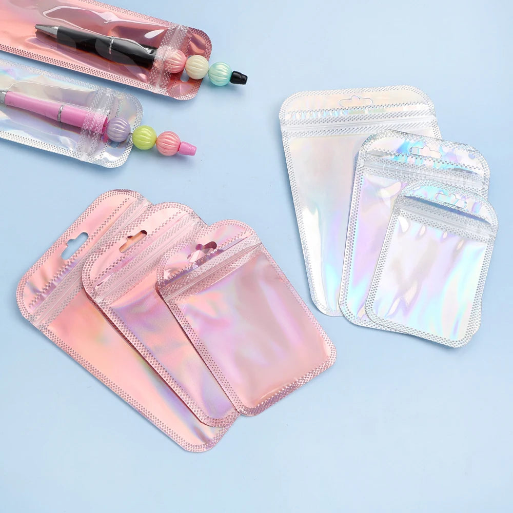 Iridescent Self Sealing Jewelry Pouches Resealable Zip Lock Bags