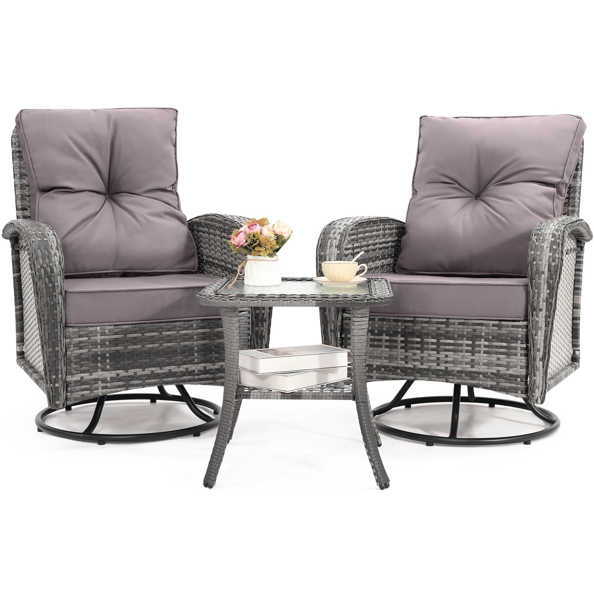 TUAREX Swivel Wicker Chair With Side Table Outdoor Patio Furniture Set Washable Thick Cushion For Balcony Deck Garden