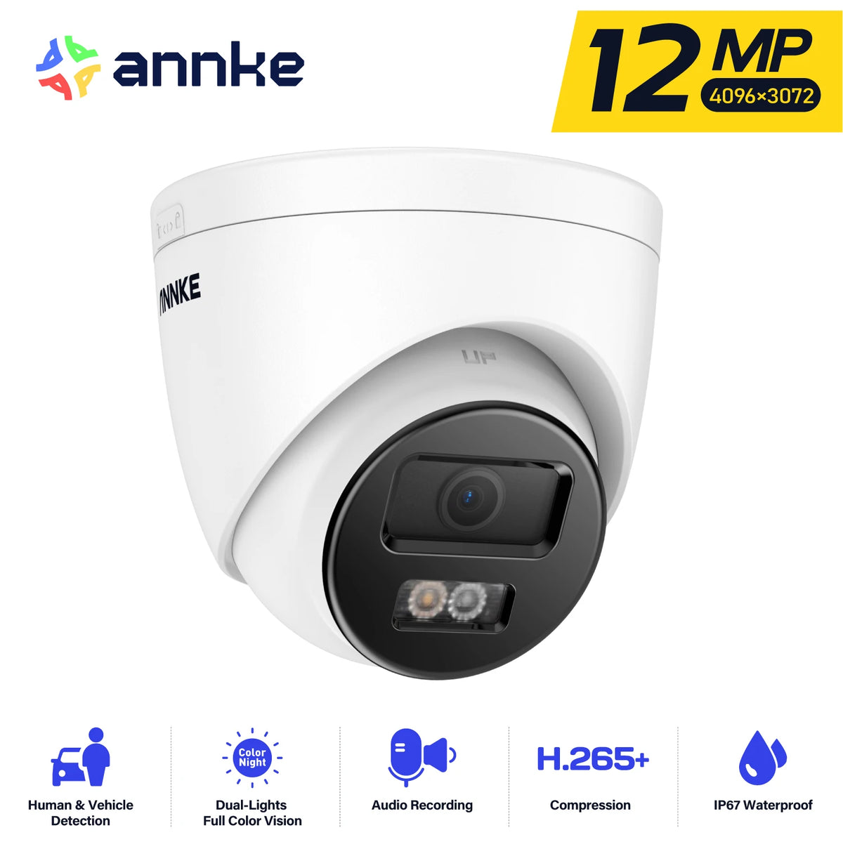 ANNKE C1200 12MP PoE Security Camera H.265+ 2.8MM 134° Wide angle outdoor camera IP67 Audio Color Night Vision cameras for home security