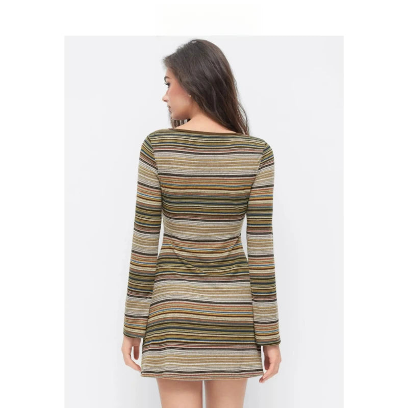 Womens Striped V Neck Bell Sleeve Knit Mini Dress Fashion