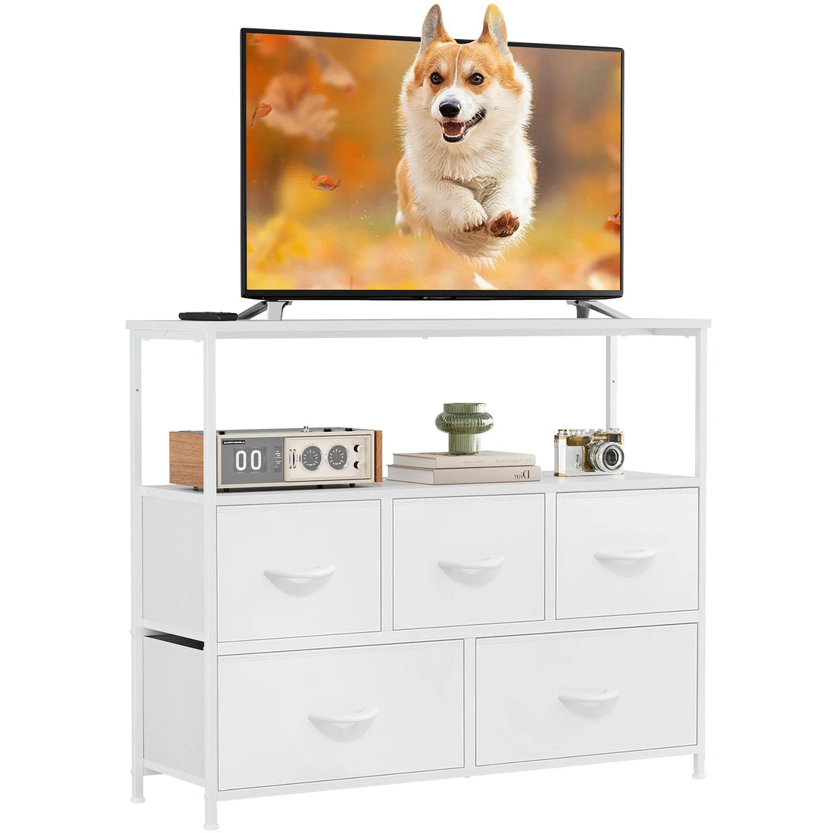 MCQ TV Stand Dresser with 5 Fabric Storage Drawers Media Console Featuring Open Shelf for TV Compact Entertainment Unit for Bedroom Living Space or Dorm Organization