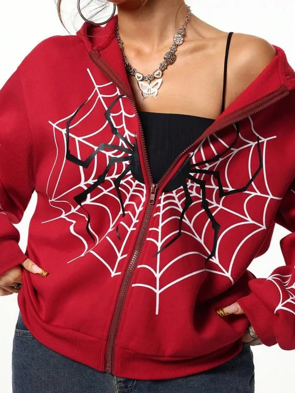 Spider Web Print Unisex Zip Up Hoodie Casual Wear