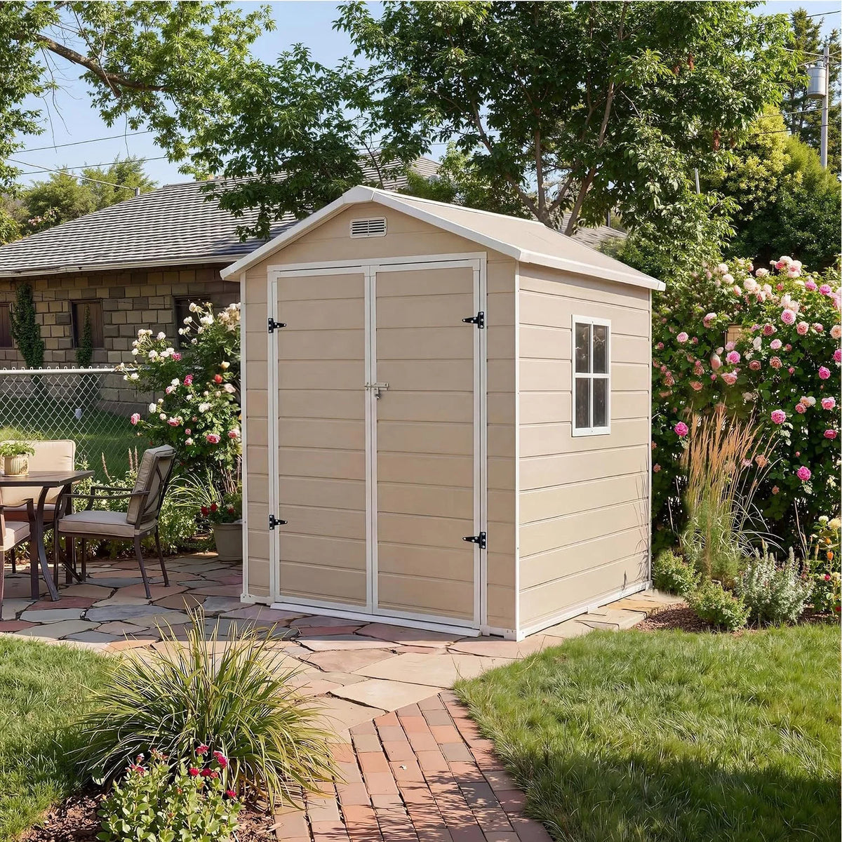 6x4 FT Plastic Resin Outdoor Storage Shed with Reinforced Floor Lockable Door Window Ventilation Weather Resistant Double Wall Garden Tool Lawn Mower Bike Storage for Patio Backyard