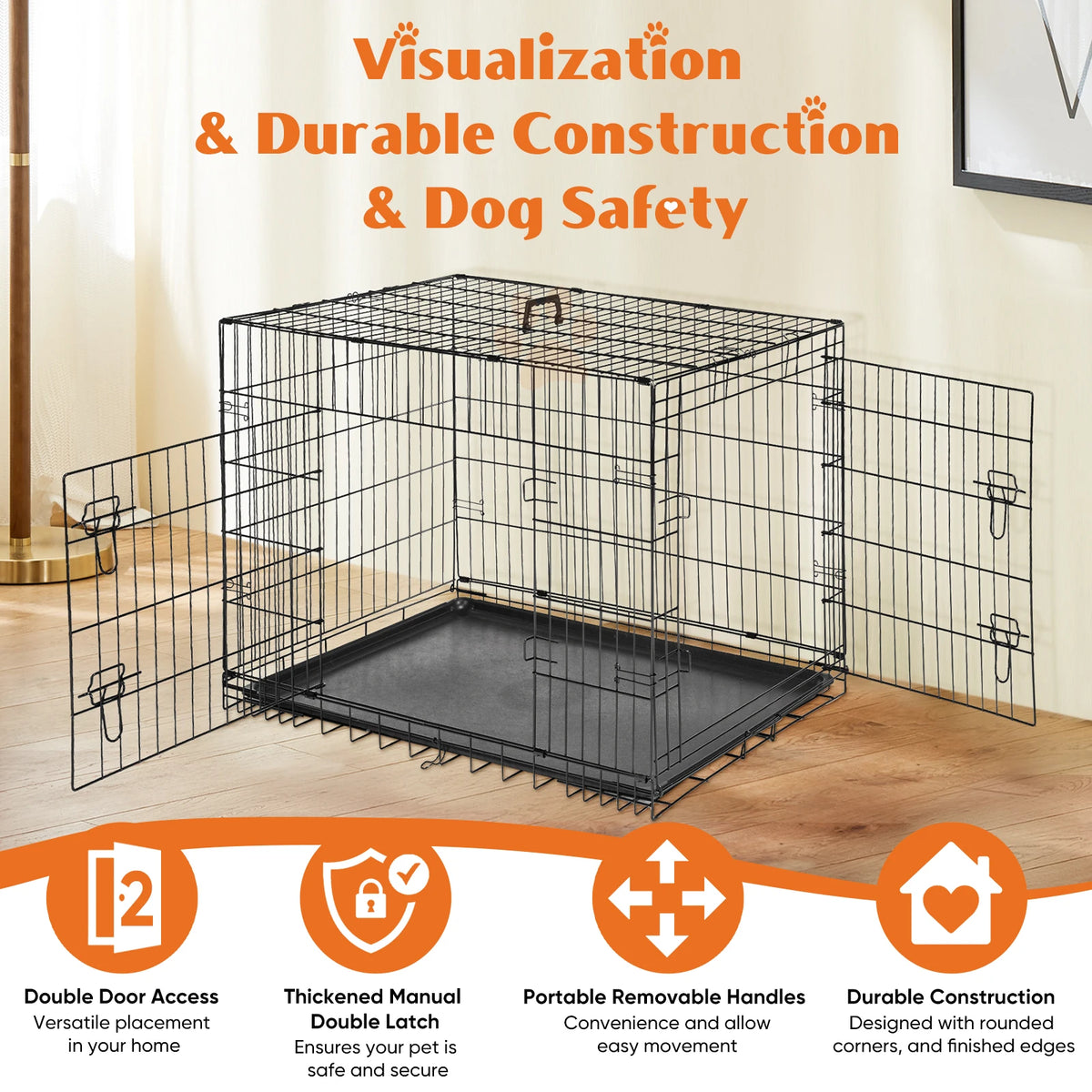 JHK Folding Metal Wire Dog Crate With Leak-Proof Pan