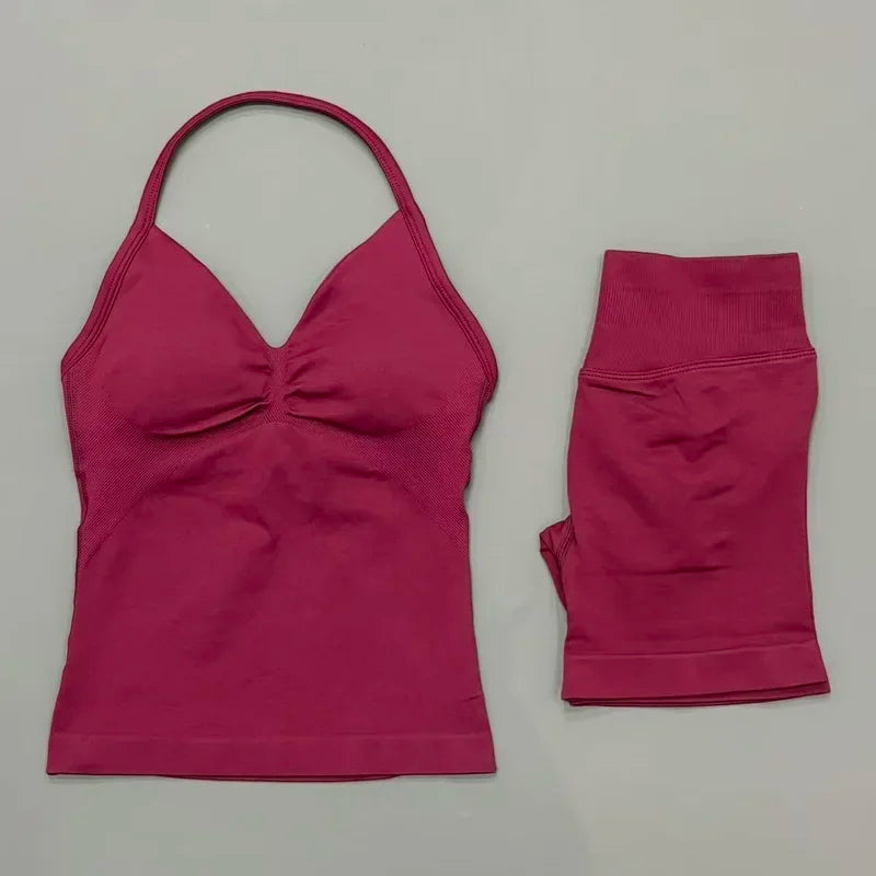 Seamless Backless Halter Yoga Tank Top And Shorts Set
