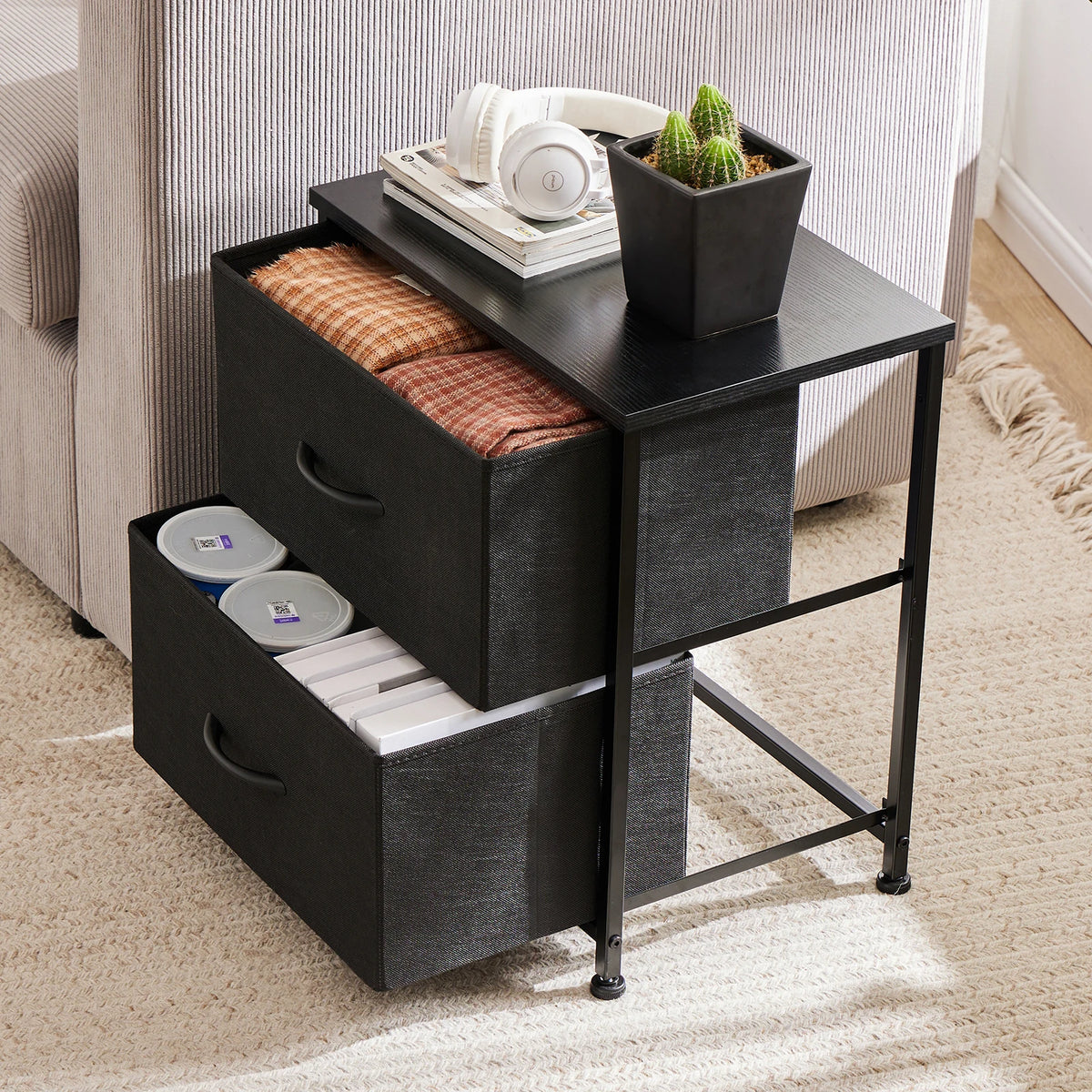JHK Modern Nightstand With Two Fabric Drawers Storage Cabinet